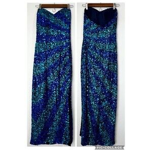 Sean Collection Silk Sequin Formal Dress Gown Mardi Gras Blue Teal Women’s 6